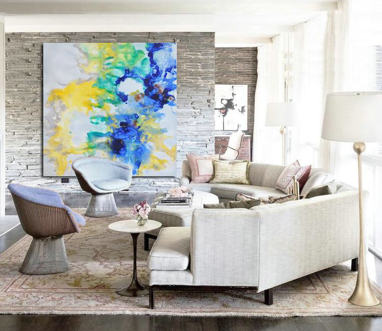 Handmade Painting Large Abstract Art,Oversized Contemporary Oil Painting,Big Painting,Gray,Yellow,Green,Blue.etc